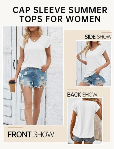 AURUZA Womens Cap Sleeve Tops Summer T Shirt Loose Fit Casual Basic Tee V Neck Tank Top Boho Tops Trendy Fashion Clothes in Saudi Arabia