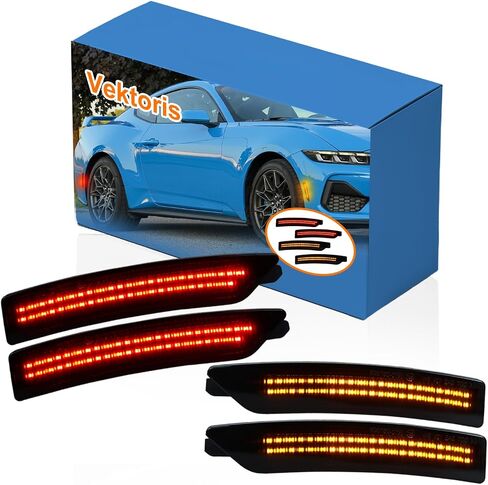 مجموعة مصابيح LED الأمامية والخلفية للحاجز الجانبي بعدسة مدخنة مكونة من 4 قطع لسيارة Ford Mustang Gen7/S650 - مجموعة مصابيح التحديد الجانبية للسائق والراكب، التوصيل والتشغيل (عدسة مدخنة ضوء LED أزرق) in Kuwait
