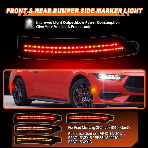 مجموعة مصابيح LED الأمامية والخلفية للحاجز الجانبي بعدسة مدخنة مكونة من 4 قطع لسيارة Ford Mustang Gen7/S650 - مجموعة مصابيح التحديد الجانبية للسائق والراكب، التوصيل والتشغيل (عدسة مدخنة ضوء LED أزرق) in Kuwait