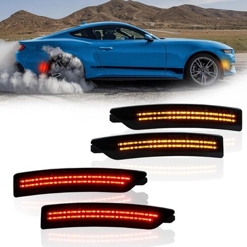 مجموعة مصابيح LED الأمامية والخلفية للحاجز الجانبي بعدسة مدخنة مكونة من 4 قطع لسيارة Ford Mustang Gen7/S650 - مجموعة مصابيح التحديد الجانبية للسائق والراكب، التوصيل والتشغيل (عدسة مدخنة ضوء LED أزرق) in Kuwait
