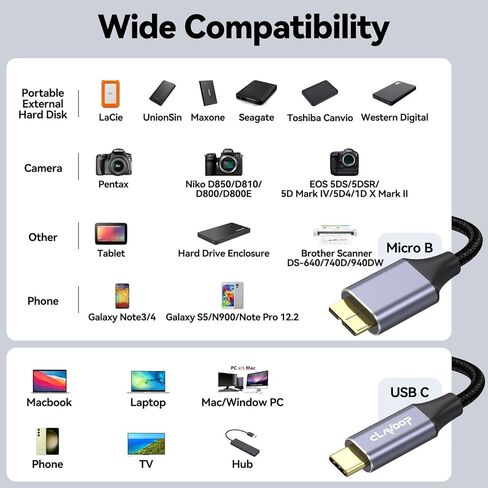 External Hard Drive Cable USB C 1.5FT, 10Gbps Micro B 3.0 to Type C Cord Wire Replacement for Seagate Toshiba WD My Passport LaCie PS5 Game Drive, MacBook Pro/Air Tablet in Kuwait