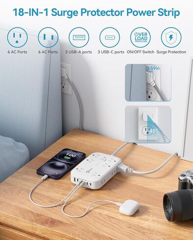 2 Prong Power Strip, OKLEEIC 2 Prong to 3 Prong Outlet Adapter, Two Prong Surge Protector, 5ft Extension Cord with Thin Flat Polarized Plug, 8 AC & 6 USB(3 USB-C), Wall Mount for Non-Grounded Outlet in Kuwait