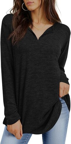 Tankaneo Womens Long Sleeve Tunic Tops V Neck Dressy Casual T-Shirts Loose Fit Curved Hem Blouse Tees in Saudi Arabia