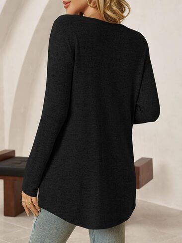 Tankaneo Womens Long Sleeve Tunic Tops V Neck Dressy Casual T-Shirts Loose Fit Curved Hem Blouse Tees in Saudi Arabia