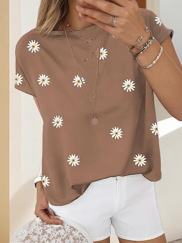 Womens Tops Short Sleeves Casual Daisy Floral Printed Tunic top Loose Fit Blouse in Saudi Arabia