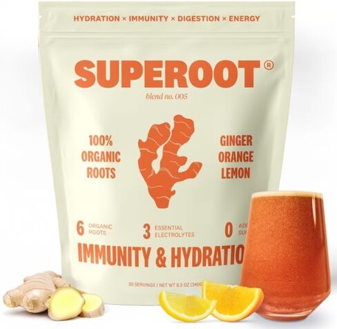 SUPEROOT® 100% طبيعي للتخلص من السموم وإلكتروليتات المناعة (الغازية) | نكهة الزنجبيل والحمضيات | فيتامين ج ومعادن المحيطات العميقة ومضادات الأكسدة | الطاقة والترطيب | 0 السكر المضاف | خالي من الكافيين | 30 حصة in Saudi Arabia