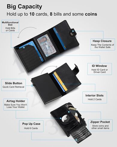 AirTag Wallet for Men: Pop Up Bank Credit Card Holder,Secure Holder for Apple Air Tag, RFID Blocking, Slim, Minimalist, Smart, 10 Cards Capacitiy | ID Window | Cash Slot | Coin Pocket (Carbon) in Saudi Arabia