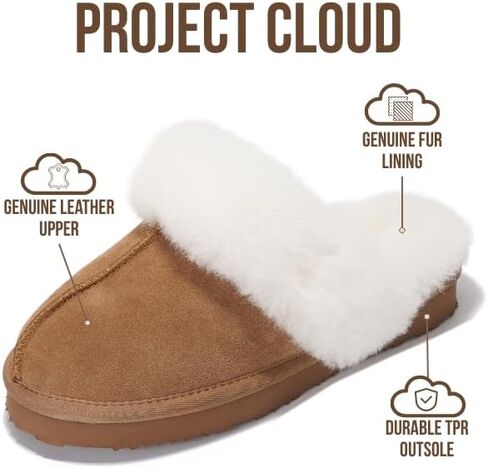 Project Cloud Genuine Leather Fur-Lined Non-Slip Clog Slippers for Women | Memory Foam Insole Indoor Outdoor Mule Shoes - Comfortable House Footwear Womens Slippers - Fur-Lined Cold Weather Essentials in Saudi Arabia