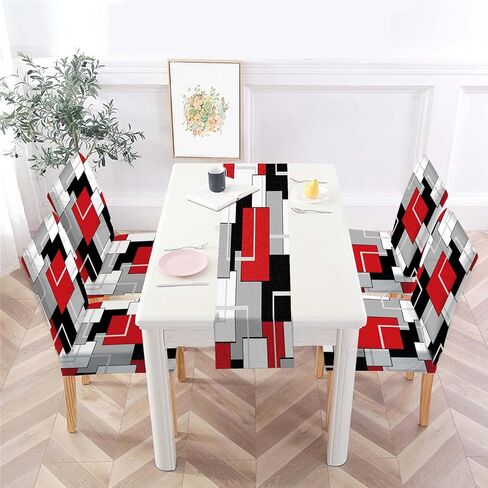 MCALK Geometric Red Chair Covers Set of 4 and Table Runner,Stretch Red Chair Slipcovers for Kitchen,Washable Removable Chair Protector Modern Chair Covers for Dining Room in Kuwait