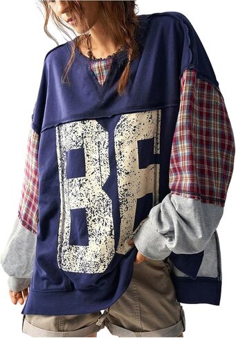 WDIRARA Women's Number Graphic Plaid Patchwork Sweatshirt Jersey Shirts Crewneck Long Sleeve Pullover Oversized Tops in Saudi Arabia