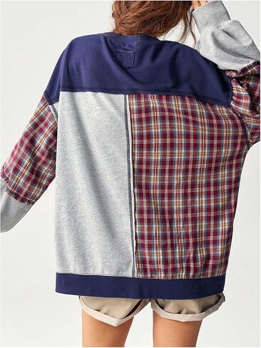 WDIRARA Women's Number Graphic Plaid Patchwork Sweatshirt Jersey Shirts Crewneck Long Sleeve Pullover Oversized Tops in Saudi Arabia