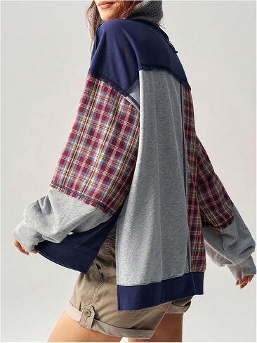 WDIRARA Women's Number Graphic Plaid Patchwork Sweatshirt Jersey Shirts Crewneck Long Sleeve Pullover Oversized Tops in Saudi Arabia