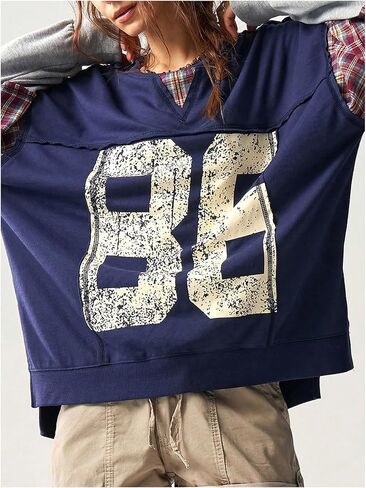 WDIRARA Women's Number Graphic Plaid Patchwork Sweatshirt Jersey Shirts Crewneck Long Sleeve Pullover Oversized Tops in Saudi Arabia