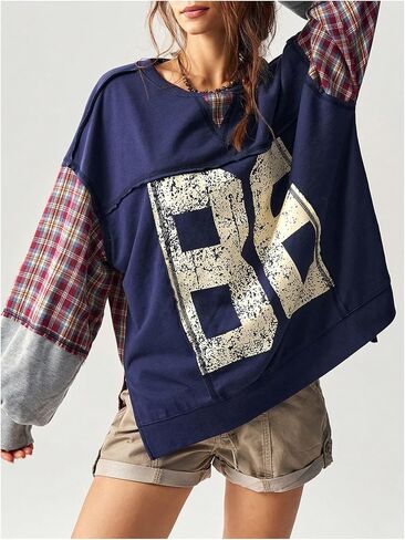 WDIRARA Women's Number Graphic Plaid Patchwork Sweatshirt Jersey Shirts Crewneck Long Sleeve Pullover Oversized Tops in Saudi Arabia