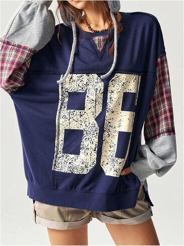 WDIRARA Women's Number Graphic Plaid Patchwork Sweatshirt Jersey Shirts Crewneck Long Sleeve Pullover Oversized Tops in Saudi Arabia