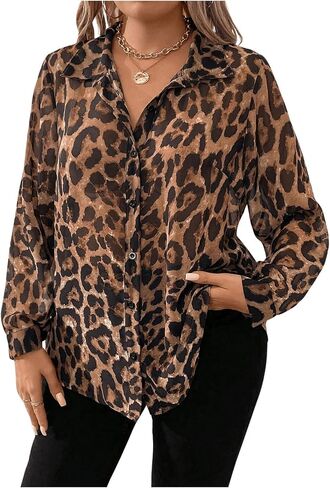 Floerns Women's Plus Size Long Sleeve Cheetah Shirts Leopard Button Down Blouse Top in Saudi Arabia