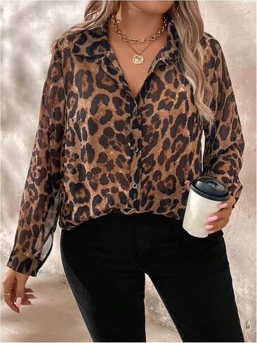 Floerns Women's Plus Size Long Sleeve Cheetah Shirts Leopard Button Down Blouse Top in Saudi Arabia