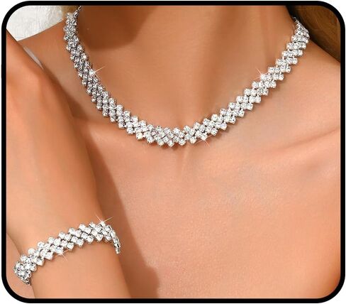 Rhinestone Choker Necklaces for Women Silver Diamond Choker and Earring Prom Jewelry Set for Women Sliver Choker Necklace Bridal Jewelry for Wedding Prom jewelry Gift for Women in Saudi Arabia