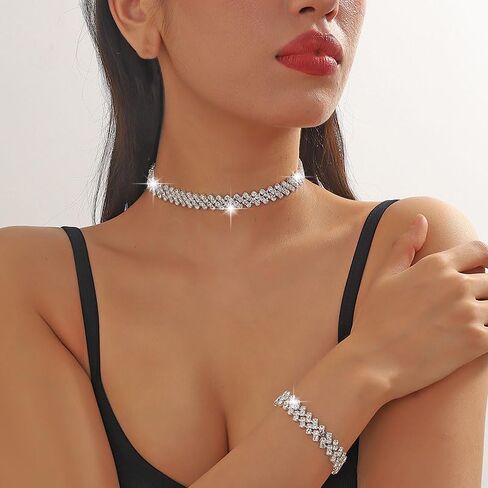 Rhinestone Choker Necklaces for Women Silver Diamond Choker and Earring Prom Jewelry Set for Women Sliver Choker Necklace Bridal Jewelry for Wedding Prom jewelry Gift for Women in Saudi Arabia