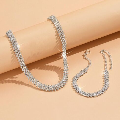 Rhinestone Choker Necklaces for Women Silver Diamond Choker and Earring Prom Jewelry Set for Women Sliver Choker Necklace Bridal Jewelry for Wedding Prom jewelry Gift for Women in Saudi Arabia