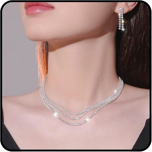 Rhinestone Choker Necklaces for Women Silver Diamond Choker and Earring Prom Jewelry Set for Women Sliver Choker Necklace Bridal Jewelry for Wedding Prom jewelry Gift for Women in Saudi Arabia