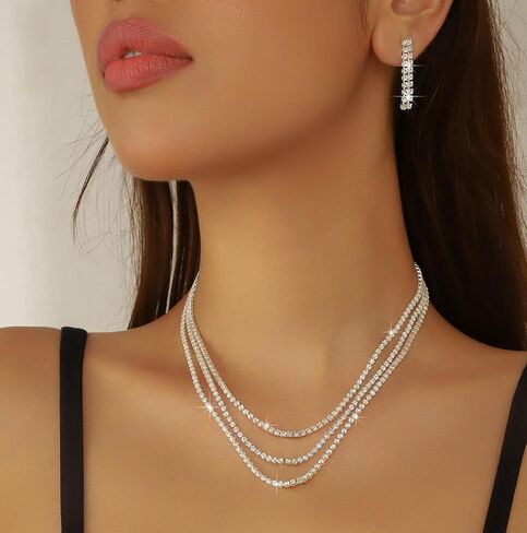 Rhinestone Choker Necklaces for Women Silver Diamond Choker and Earring Prom Jewelry Set for Women Sliver Choker Necklace Bridal Jewelry for Wedding Prom jewelry Gift for Women in Saudi Arabia