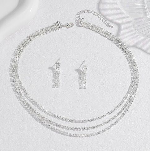 Rhinestone Choker Necklaces for Women Silver Diamond Choker and Earring Prom Jewelry Set for Women Sliver Choker Necklace Bridal Jewelry for Wedding Prom jewelry Gift for Women in Saudi Arabia