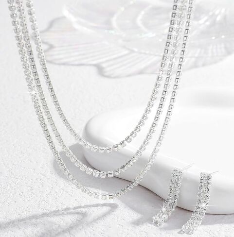 Rhinestone Choker Necklaces for Women Silver Diamond Choker and Earring Prom Jewelry Set for Women Sliver Choker Necklace Bridal Jewelry for Wedding Prom jewelry Gift for Women in Saudi Arabia