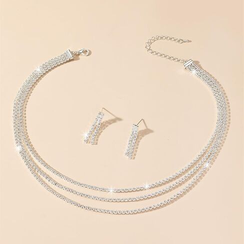 Rhinestone Choker Necklaces for Women Silver Diamond Choker and Earring Prom Jewelry Set for Women Sliver Choker Necklace Bridal Jewelry for Wedding Prom jewelry Gift for Women in Saudi Arabia