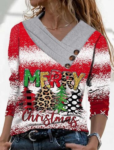 Women’s Long Sleeve V Neck Casual Top with Print Button Design Loose Fit in Saudi Arabia