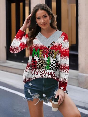 Women’s Long Sleeve V Neck Casual Top with Print Button Design Loose Fit in Saudi Arabia