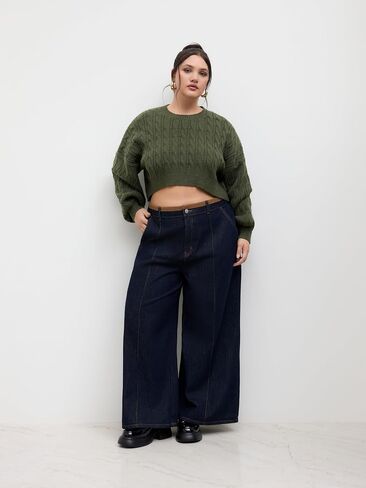 CIDER Cable Knit Sweater Women's Crop Sweater Plus Size Crew Neck Long Sleeve Jumper Knit Top Curve Pullover in Saudi Arabia