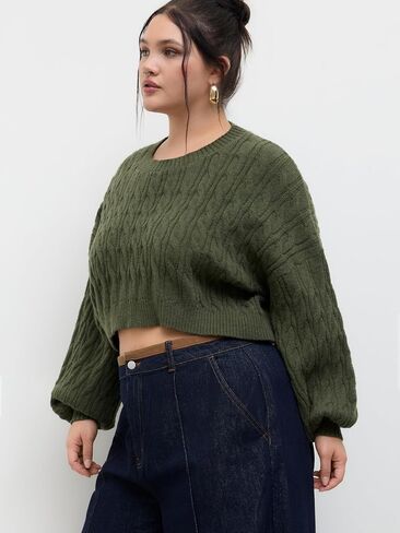 CIDER Cable Knit Sweater Women's Crop Sweater Plus Size Crew Neck Long Sleeve Jumper Knit Top Curve Pullover in Saudi Arabia