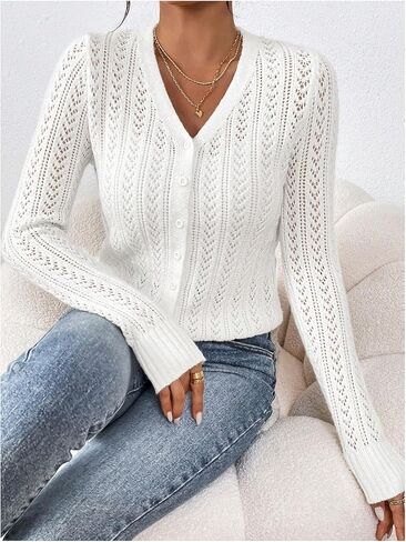 SHENHE Women's Pointelle Sweater Cardigan Crochet Hollow Out Eyelet Button Up Cropped Cardigan in Saudi Arabia
