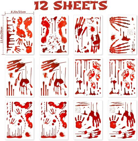 111Pcs Halloween Bloody Handprint Footprint Clings - 8 Sheets Window Wall Floor Decals Stickers for Halloween Party Decorations,Bathroom Restroom Haunted House Decor in Saudi Arabia