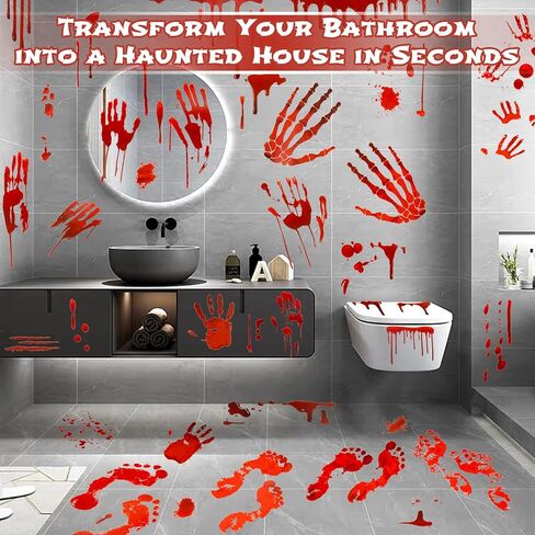 111Pcs Halloween Bloody Handprint Footprint Clings - 8 Sheets Window Wall Floor Decals Stickers for Halloween Party Decorations,Bathroom Restroom Haunted House Decor in Saudi Arabia