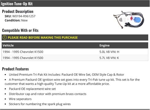Ignition Tune-Up Kit - Spark Plug Wires, Distributor Cap and Rotor - Compatible with 1994-1995 Chevy K1500 (5.0L V8 VIN H, 5.7L V8 VIN K) in Saudi Arabia