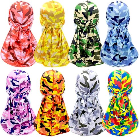 8 قطع من أغطية الرأس الحريرية Durag القراصنة ذات الذيل الطويل للرجال والنساء وشاح الشعر الحريري Durag الهيب هوب مغني الراب in Kuwait