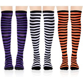 3 Pair Knee High Striped Socks, Orange and Black, Black and White, Purple and Black Knee High Striped Socks for Women, Long Halloween Sock for Women Girls Witch Costume in Kuwait