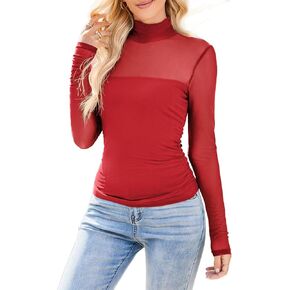 MAYFASEY Women's Trendy High Neck Long Sleeve Tops Sexy Sheer Mesh Ruched Going Out Blouse Shirts in Kuwait