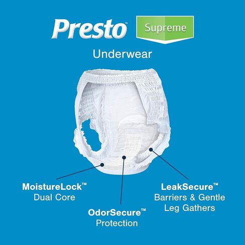 Presto Supreme Underwear for Women and Men, Medium 32" - 44" Waist, Disposable, Odor Eliminator, 80 Count (4 Bags of 20) in Saudi Arabia