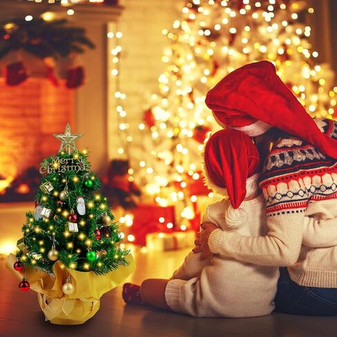 شجرة عيد الميلاد الصغيرة على الطاولة مقاس 23 بوصة مع أضواء، ونجمة علوية وزخارف معلقة، شجرة عيد الميلاد الصغيرة المزخرفة لديكور العطلات في المكتب أو المنزل أو المكتب in Kuwait