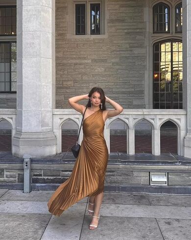 One Shoulder Satin Bridesmaid Dresses for Women Corset Pleated Long Formal Cocktail Party Wedding Guest Dress SN034 in Saudi Arabia