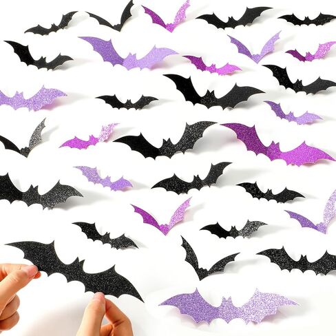 Cholemy 144 Pcs Halloween Bats Decoration 3D Glitter Hanging Bats Sticker 4 Different Sizes with Adhesive Dots Black and Purple Bat Stickers for Wall Door Patio Indoor Cute Halloween Party Decor in Saudi Arabia