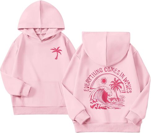 KIEKIECOO Girls Palm Graphic Hoodie Beach Cute Hoodies With Pocket Kids Preppy Sweatshirt Ocean Pullover Long Sleeve Top in Saudi Arabia