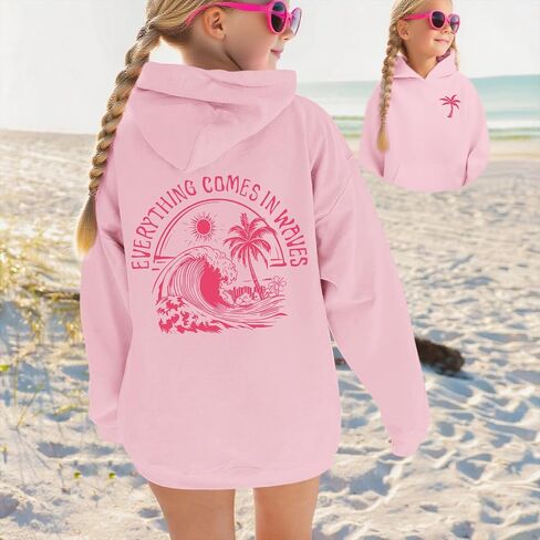 KIEKIECOO Girls Palm Graphic Hoodie Beach Cute Hoodies With Pocket Kids Preppy Sweatshirt Ocean Pullover Long Sleeve Top in Saudi Arabia