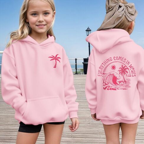 KIEKIECOO Girls Palm Graphic Hoodie Beach Cute Hoodies With Pocket Kids Preppy Sweatshirt Ocean Pullover Long Sleeve Top in Saudi Arabia