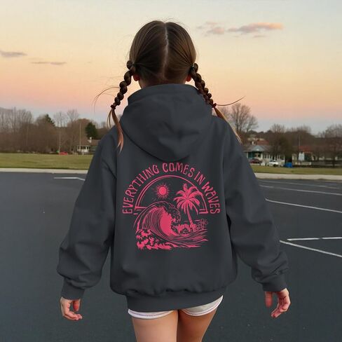 KIEKIECOO Girls Palm Graphic Hoodie Beach Cute Hoodies With Pocket Kids Preppy Sweatshirt Ocean Pullover Long Sleeve Top in Saudi Arabia