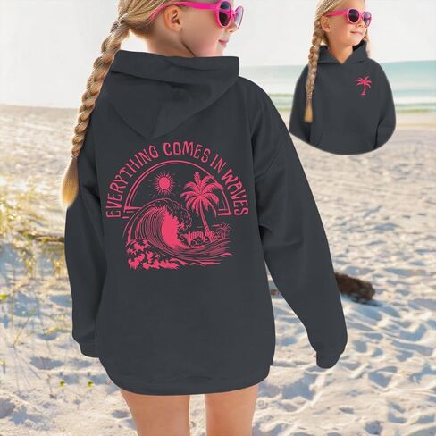 KIEKIECOO Girls Palm Graphic Hoodie Beach Cute Hoodies With Pocket Kids Preppy Sweatshirt Ocean Pullover Long Sleeve Top in Saudi Arabia