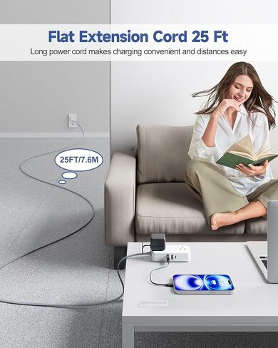 Flat Plug Extension Cord 3 Feet with 4 AC Outlets 3 USB Ports (5V/3.4A 17W), Flat Plug Power Strip Compact for College Dorm, Travel, Home, Office in Kuwait
